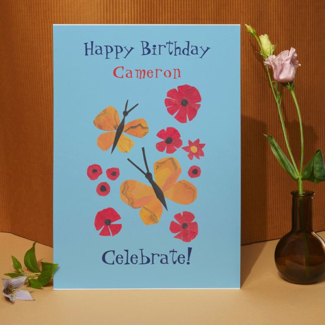 MidCentury Modern Orange Butterfly Cute Birthday Card (This pretty sky blue birthday card features my own artwork of orange butterflies and red poppies.)