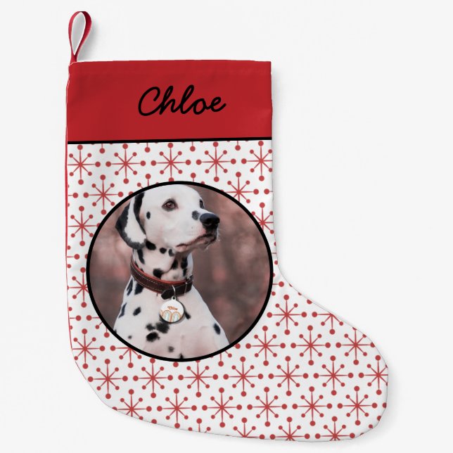 Midcentury Modern Red Starburst Pattern Pet Photo Small Christmas Stocking (Front)