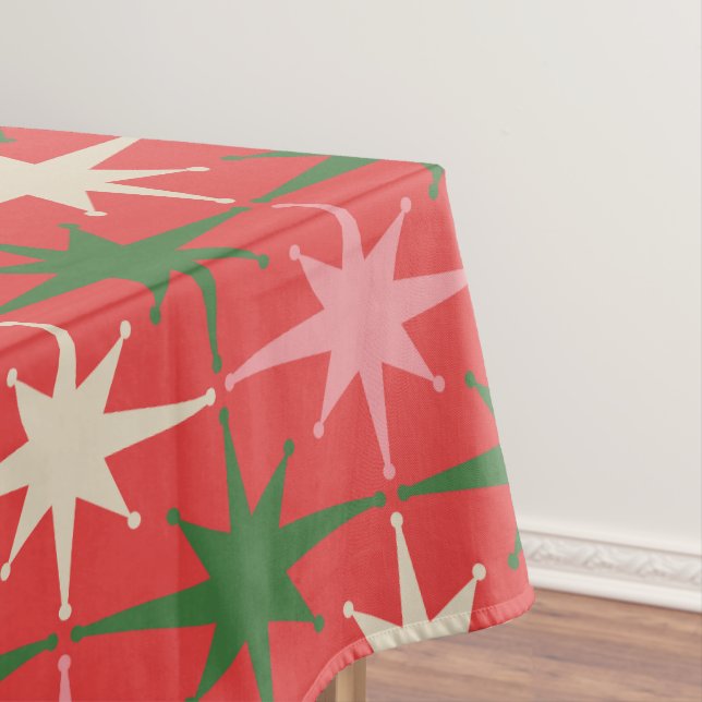 Midcentury Modern Retro Christmas Starbursts Tablecloth (In Situ)