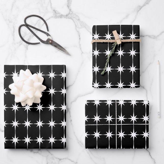 Midcentury Modern Retro Star Pattern Black & White Wrapping Paper Sheet (Front)