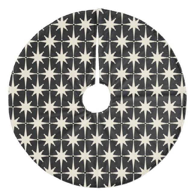 Midcentury Modern Retro Stars Pattern Black Cream Fleece Tree Skirt (Front)
