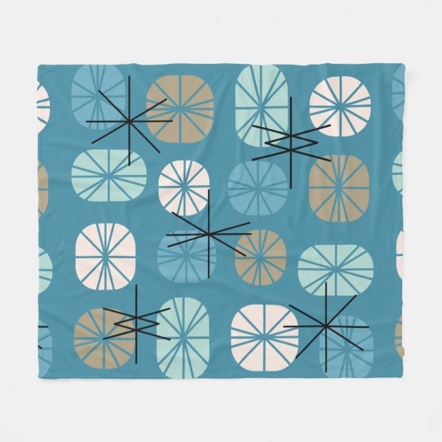 Midcentury Pattern Oblongs Teal White Gold Fleece Blanket (Front (Horizontal))