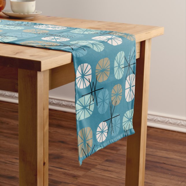 Midcentury Pattern Oblongs Teal White Gold Short Table Runner (In Situ)