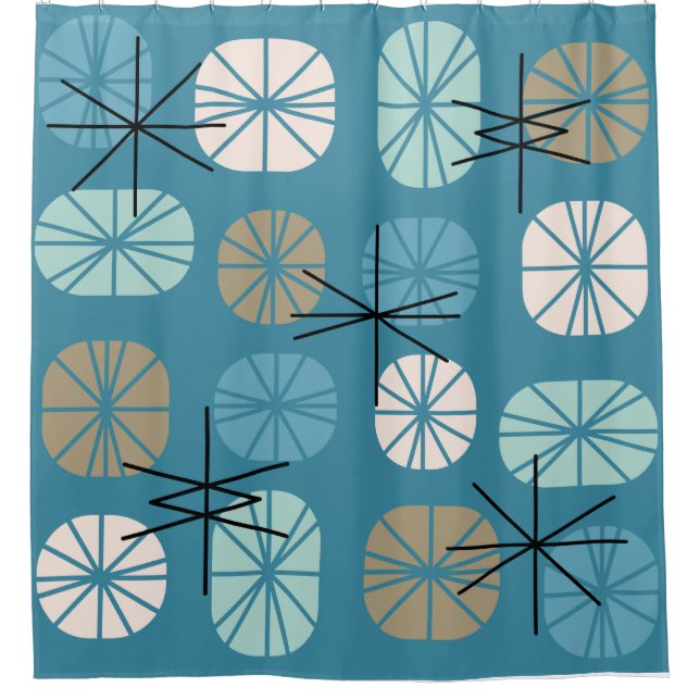 Midcentury Pattern Oblongs Teal White Gold Shower Curtain (Front)