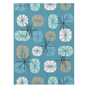 Midcentury Pattern Oblongs Teal White Gold Tablecloth