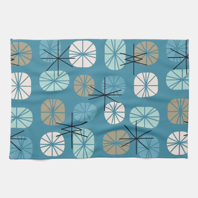 Midcentury Pattern Oblongs Teal White Gold Tea Towel (Horizontal)