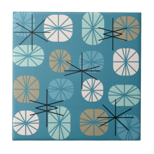 Midcentury Pattern Oblongs Teal White Gold Tile