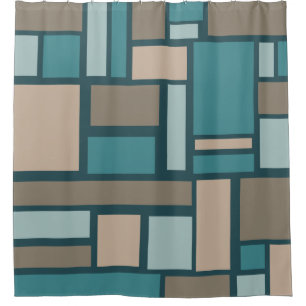 Midcentury Rectangles Pattern Teal & Gold Shower Curtain