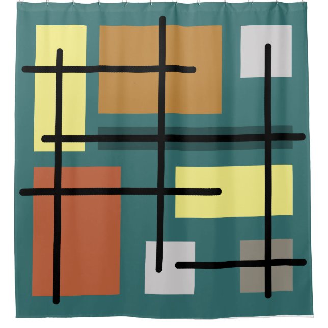 Midcentury Rectangles Squares Teal Multicolored Shower Curtain (Front)