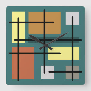 Midcentury Rectangles Squares Teal Multicolored Square Wall Clock