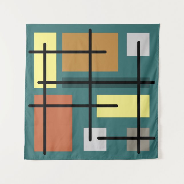 Midcentury Rectangles Squares Teal Multicolored Tapestry (Front)