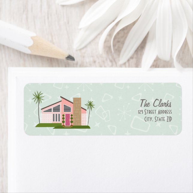 Midcentury Retro Pink House  Label (Insitu)