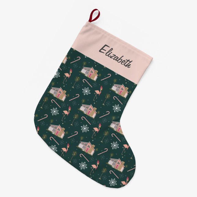 Midcentury Retro Pink House Palm Tree Large Christmas Stocking (Front (Hanging))
