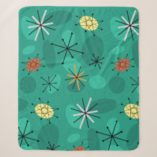 Midcentury Sputnik Starbursts Turquoise Sherpa Blanket