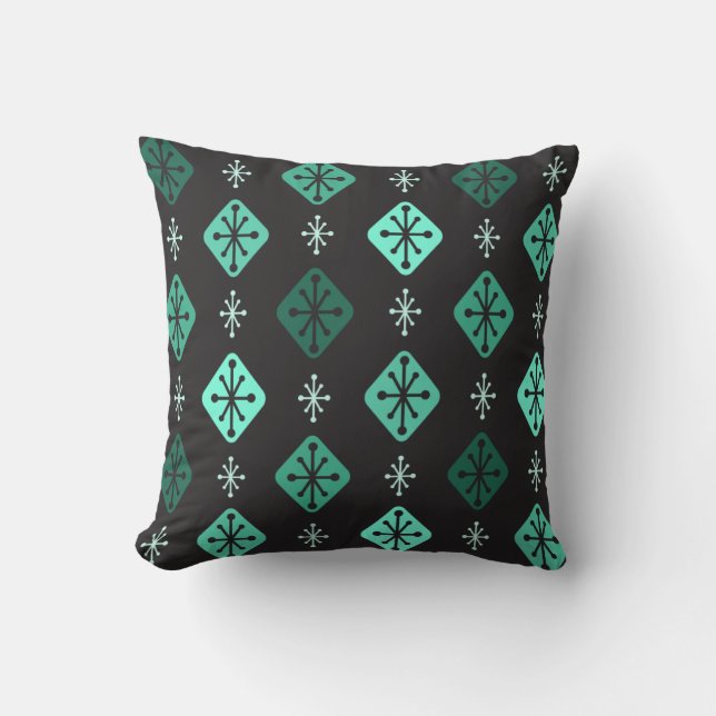 Midcentury Starbursts Diamonds Black Turquoise Cushion (Front)