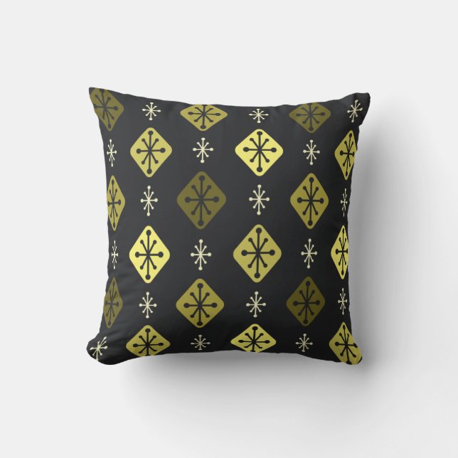 Midcentury Starbursts Diamonds Black Yellow Cushion (Front)