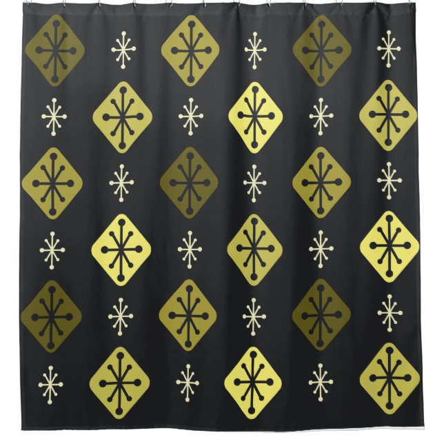 Midcentury Starbursts Diamonds Black Yellow Shower Curtain (Front)