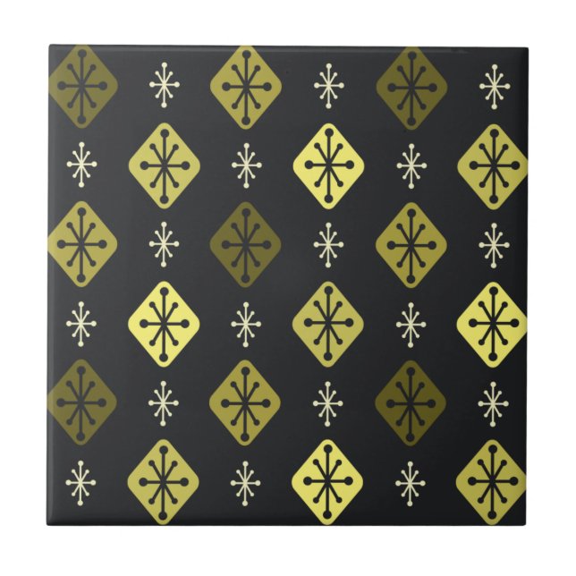 Midcentury Starbursts Diamonds Black Yellow Tile (Front)