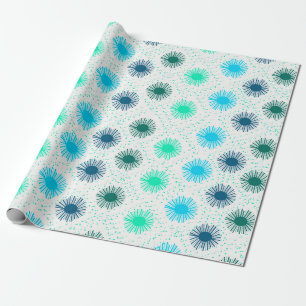 Midcentury Sunburst Design in Shades of Blue Wrapping Paper