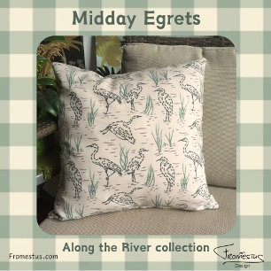 Midday Egrets - Along the River - birds pattern. Cushion