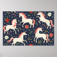 Middle Ages print Unicorns on a Christmas floral b