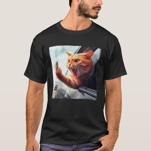 Middle Finger Angry Driving Cat T-Shirt (Front)