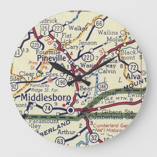 Middlesboro KY Vintage Map Large Clock (Front)