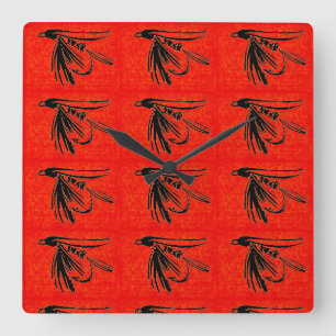 Midge in black on red fly fishing fly tying art square wall clock