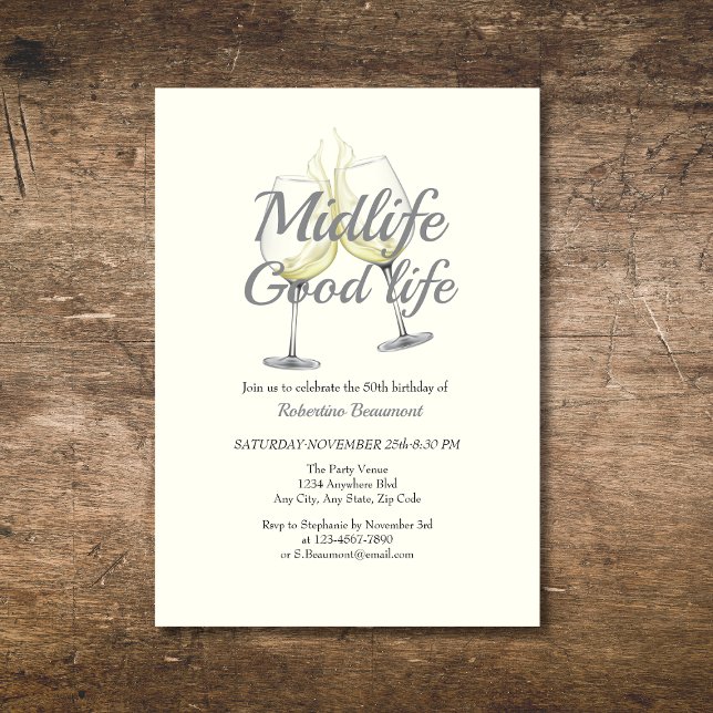 Midlife Good Life Elegant Wine Glass 50th Birthday Invitation (Creator Uploaded)