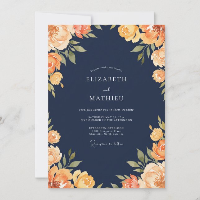 Midnight Amber Ranunculus Eucalyptus Wedding Invitation (Front)