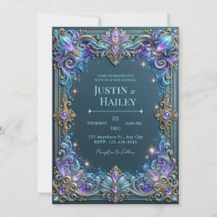 Midnight Amethyst Celestial Border Wedding Invitation