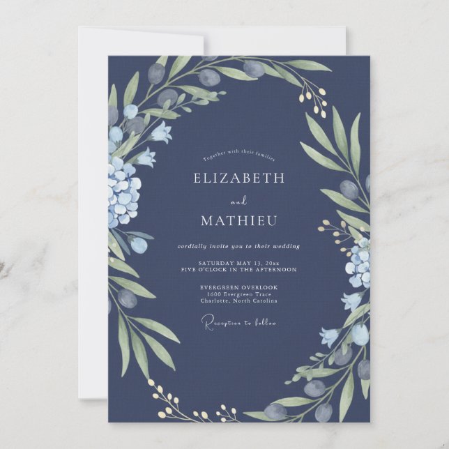 Midnight Azure Foliage Sage Wedding Invitation (Front)