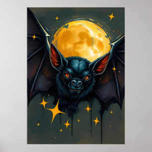 Midnight Bat & Full Moon - Nocturnal Animal Art Poster