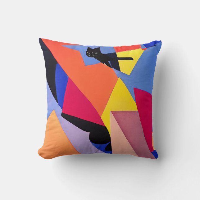 Midnight - Black Cat and Abstract Art Cushion (Front)