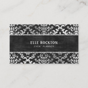 Midnight Black Glimmer Damask Wedding Planner Business Card
