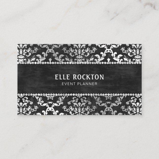 Midnight Black Glimmer Damask Wedding Planner Business Card (Front)