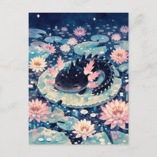 Midnight Black Kawaii Axolotl Pond Postcard