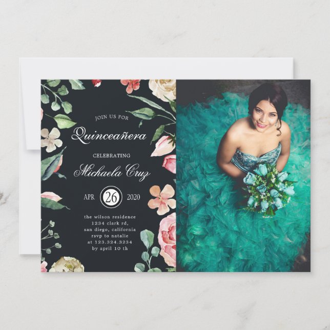 Midnight bloom blush floral Quinceanera Invitation (Front)