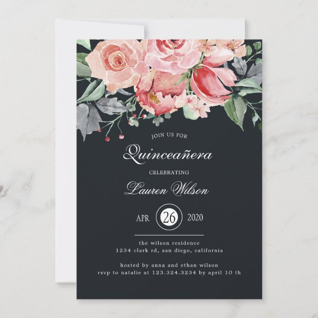 Midnight bloom blush floral Quinceanera Invitation (Front)