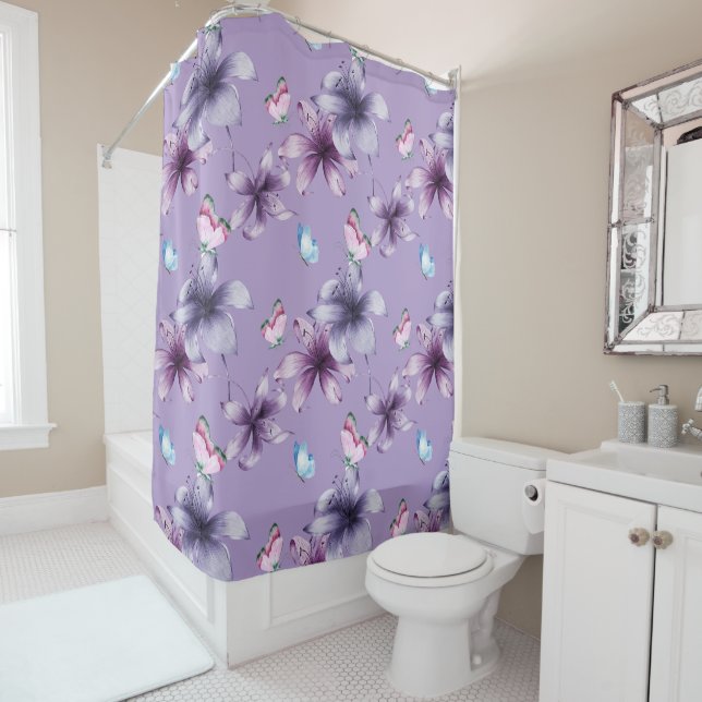 MIDNIGHT BLOOM & BUTTERFLIES SHOWER CURTAIN (In Situ)