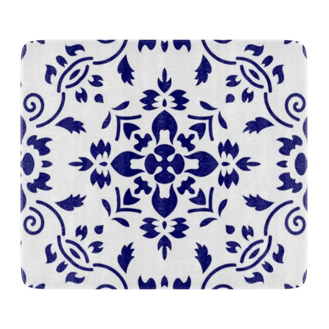 Midnight Bloom Classic Blue Floral Mosaic Cutting Board (Front)