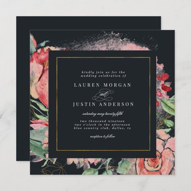midnight bloom elegant floral square Wedding Invitation (Front/Back)