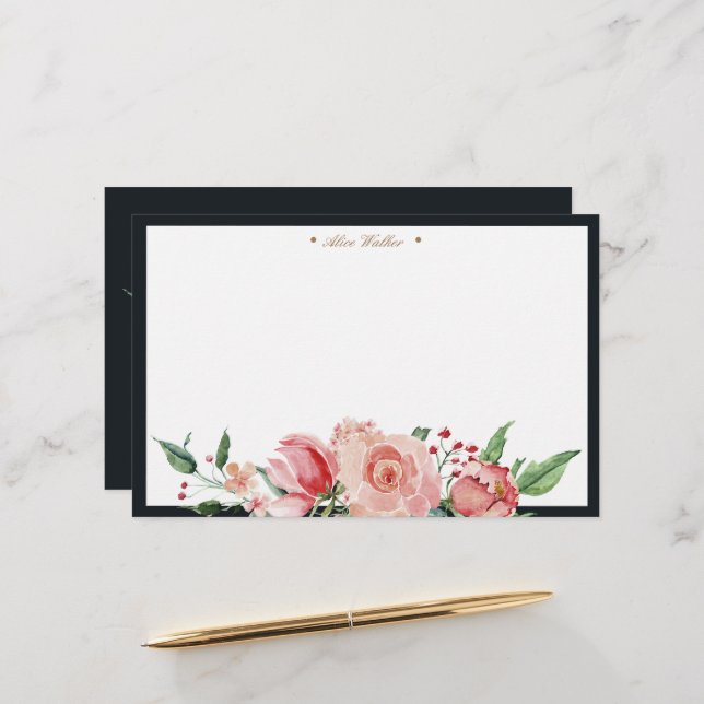 Midnight bloom floral elegant monogram stationery (Front/Back In Situ)