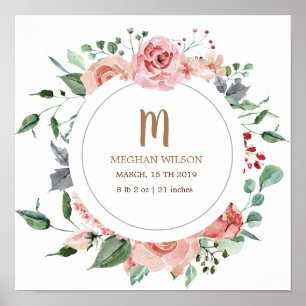 Midnight Bloom Monogram Baby Birth Poster