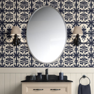 Midnight Bloom Tiles - Navy & Ivory - Traditional Wallpaper