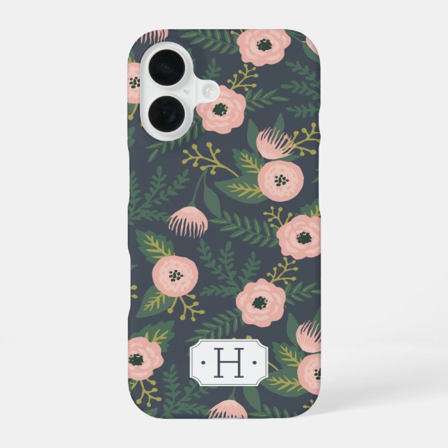 Midnight Blooms Monogram iPhone 16 Case (Back)