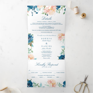 Midnight Blooms Navy Wedding Tri-Fold Invitations
