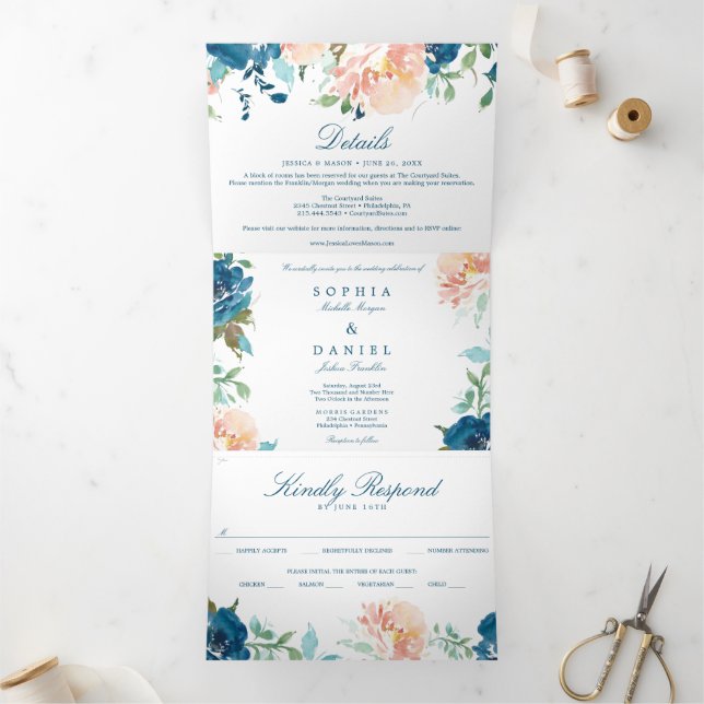Midnight Blooms Navy Wedding Tri-Fold Invitations (Inside)