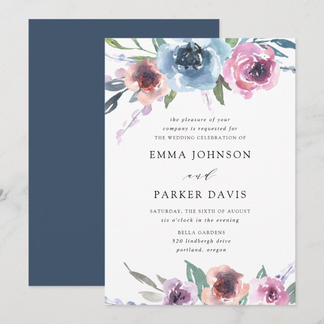 Midnight Blooms | Purple and Blue Floral Wedding Invitation (Front/Back)