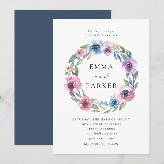 Midnight Blooms | Purple and Blue Floral Wedding Invitation (Front/Back)